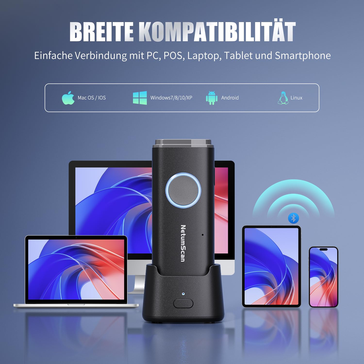 NetumScan Bluetooth-1D/2D/QR Tragbar Barcodescanner mit Ladestation U820 Scannt Data Matrix/EAN, kompatibel mit Windows/Mac/Android/iOS, für Lager, Logistik, Industrie & Einzelhandel