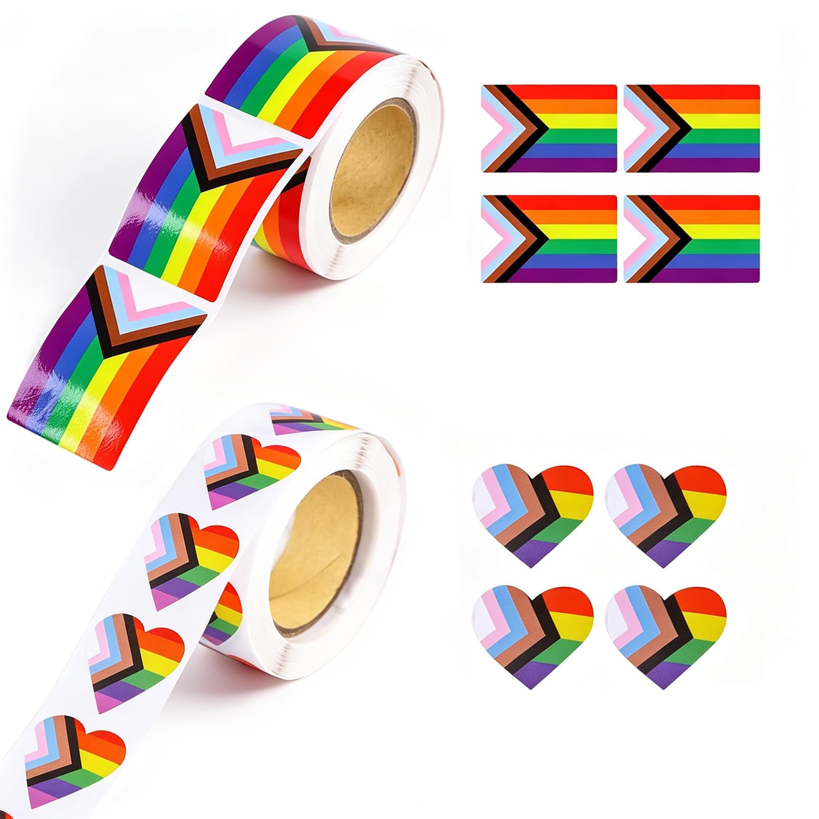 Issimober 2 Rolls LGBTQ Pride Stickers 1000PCS Rainbow Heart Flag Self Adhesive Decals Progress Pride Stickers for Gay Lesbian Bisexual Pride Month Decorations Parade Event Accessories