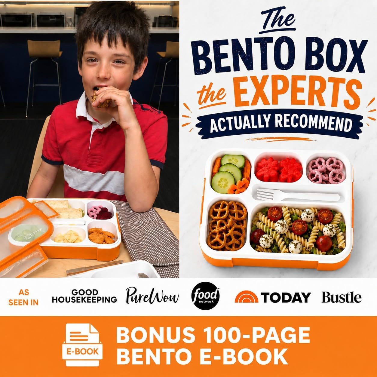 Bento Lunch Box for Kids, Boys, Girls, Adults, 6 Compartment Lunch-Boxes, Leakproof School Snack or Meal Portion Container, Utensils, BPA-Free, Orange image 4