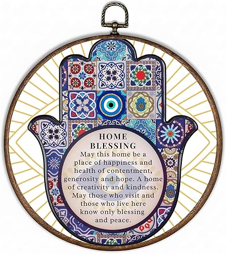 365CUSGIFTS Decoración redonda para colgar en la pared de la mano de Hamsa de buena suerte, decoración artística de pared redonda, protección contra
