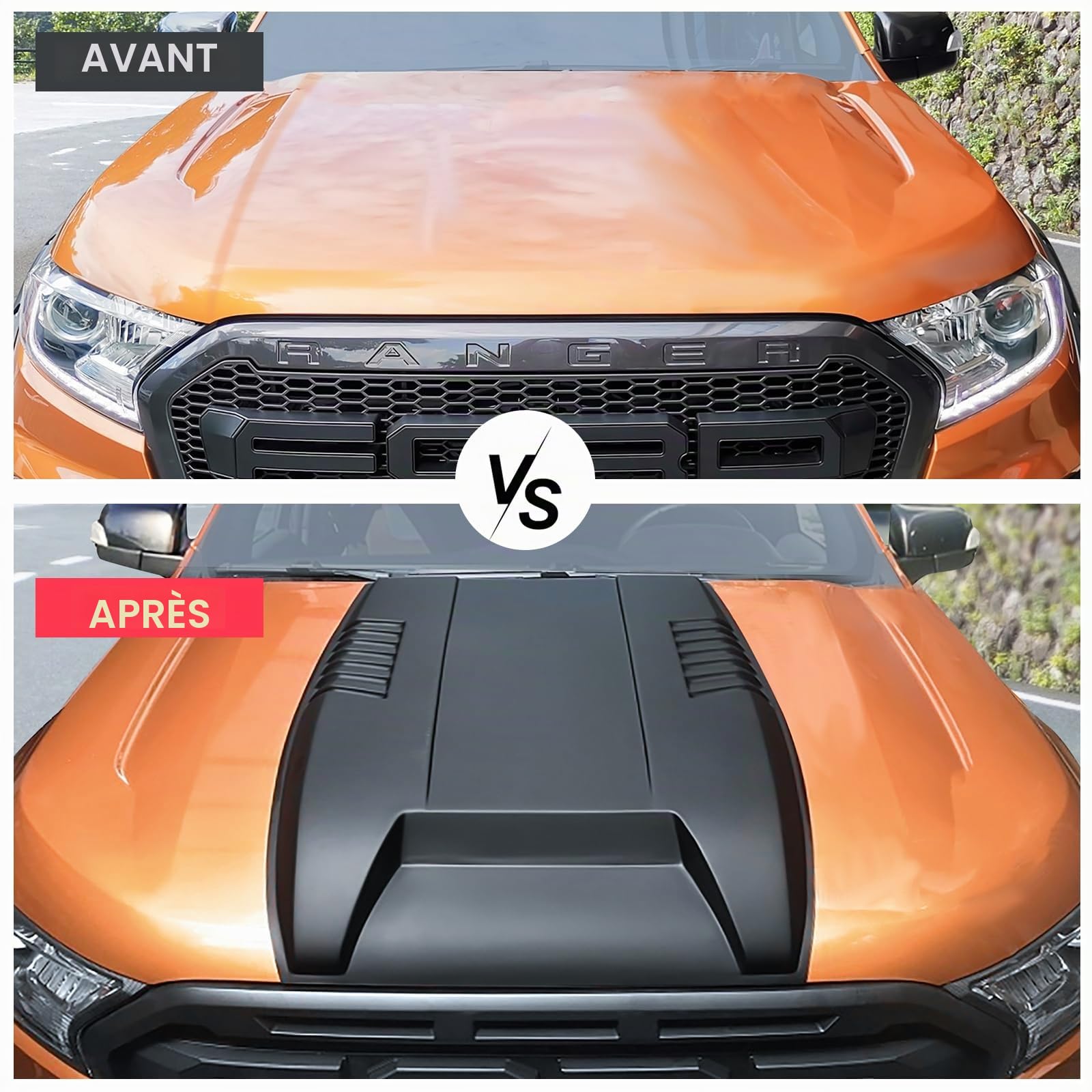 Protection de capot pour Ford Ranger Wildtrak 2015-2022 Raptor Limited XL XLT Tremor T7 T8 4X4, Couvercle de Pelle de Ventilation de Capot Couvercle d’Aération Décoratif (Noire)