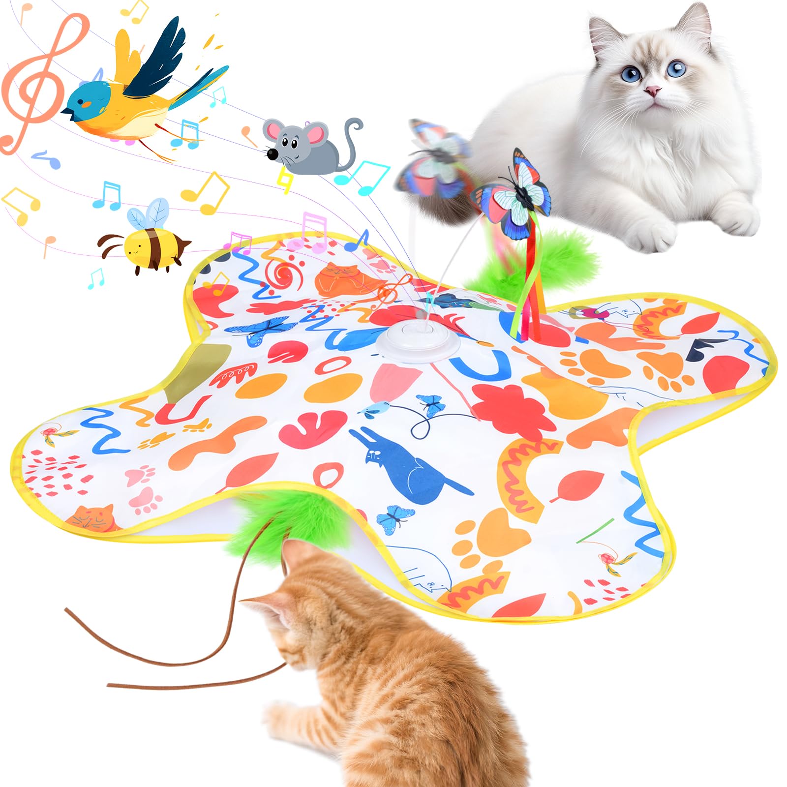 Qoosea Interaktives Katzenspielzeug Versteckspiel Katzen Spielzeug, Selbstbeschäftigung Elektrisch Katzenspielzeug mit Abnehmbaren Federn, Schwingendem Schmetterling Intelligenzspielzeug für Katzen