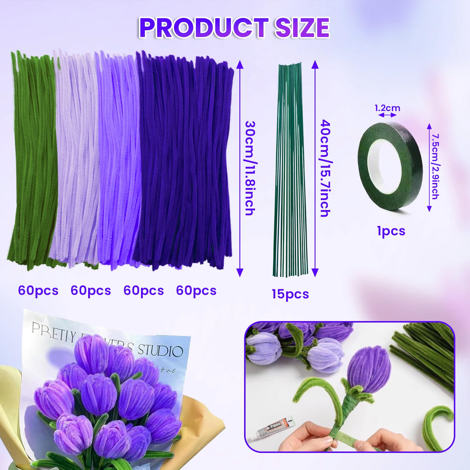 NICKLIN Purple Pipe Cleaners Craft,Chenille Pipe Cleaners Craft Tulip Set DIY Pipe Cleaner Flowers Kit with 240 Pcs Colourful in 4 Colours 15 Florist Wire,1 Florist Tape for Decoration - Image 3