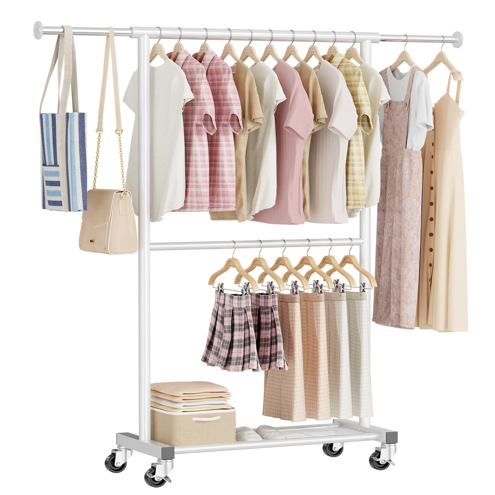 Clothes Rack - 35 to 50 Inch Expandable Rod Clothing Rack with Mesh Shelf Casters Rolling Garment Rack