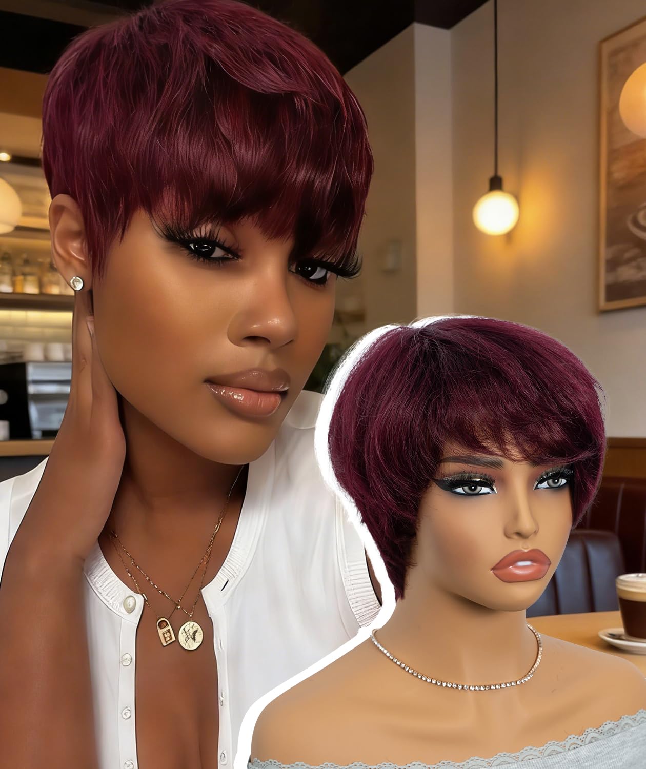QUEEN VIRGIN REMY QVR Pixie Cut Wig Human Hair Wigs with Bangs Short Wigs for Black Women Human Hair Different Style Pixie Wig for Daily Wear Burgundy