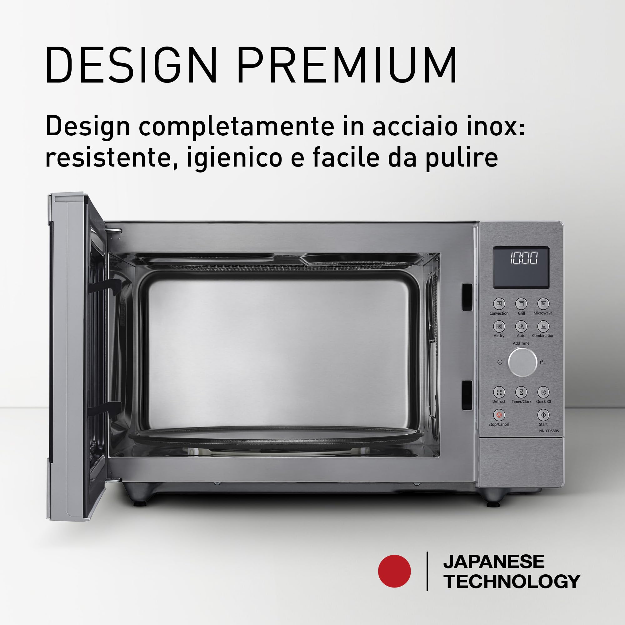 Panasonic NN-CD58RSEPG Friggitrice ad Aria e Forno a Microonde Combinato 4 in 1 da 27 L, Inverter da 1000W, Grill da 1300W, Convezione, 19 Programmi Automatici, Acciaio Inossidabile