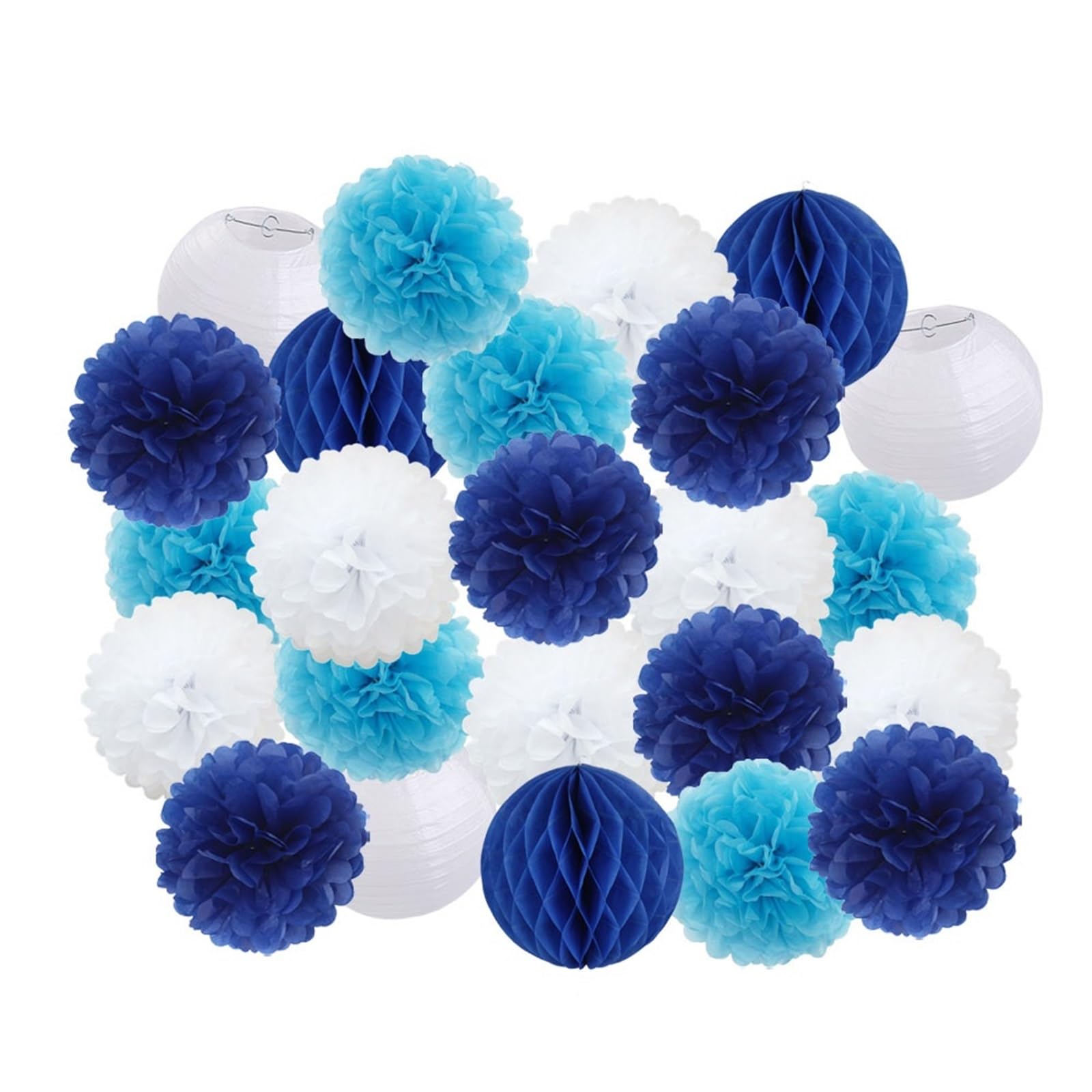 Paper Pompom 24pcs Party Favor Hanging Paper Pompom Boy Girl Birthday Dark Blue Wedding Events Decoration White Lanterns for Party(Dark Blue Set,Small-8inch)