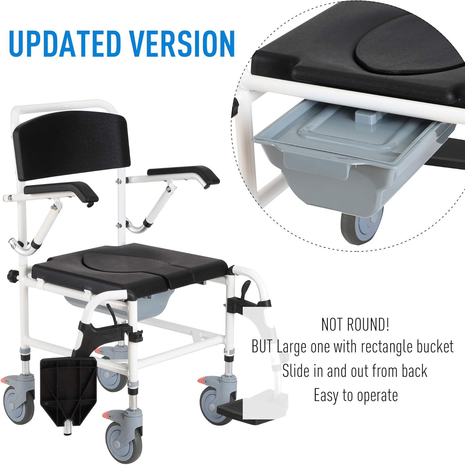 HOMCOM Accessibility Commode Wheelchair, Rolling Shower Wheelchair with 4 Castor Wheels, Rectangle Detachable Bucket, & Waterproof Design, Black : Health & Household