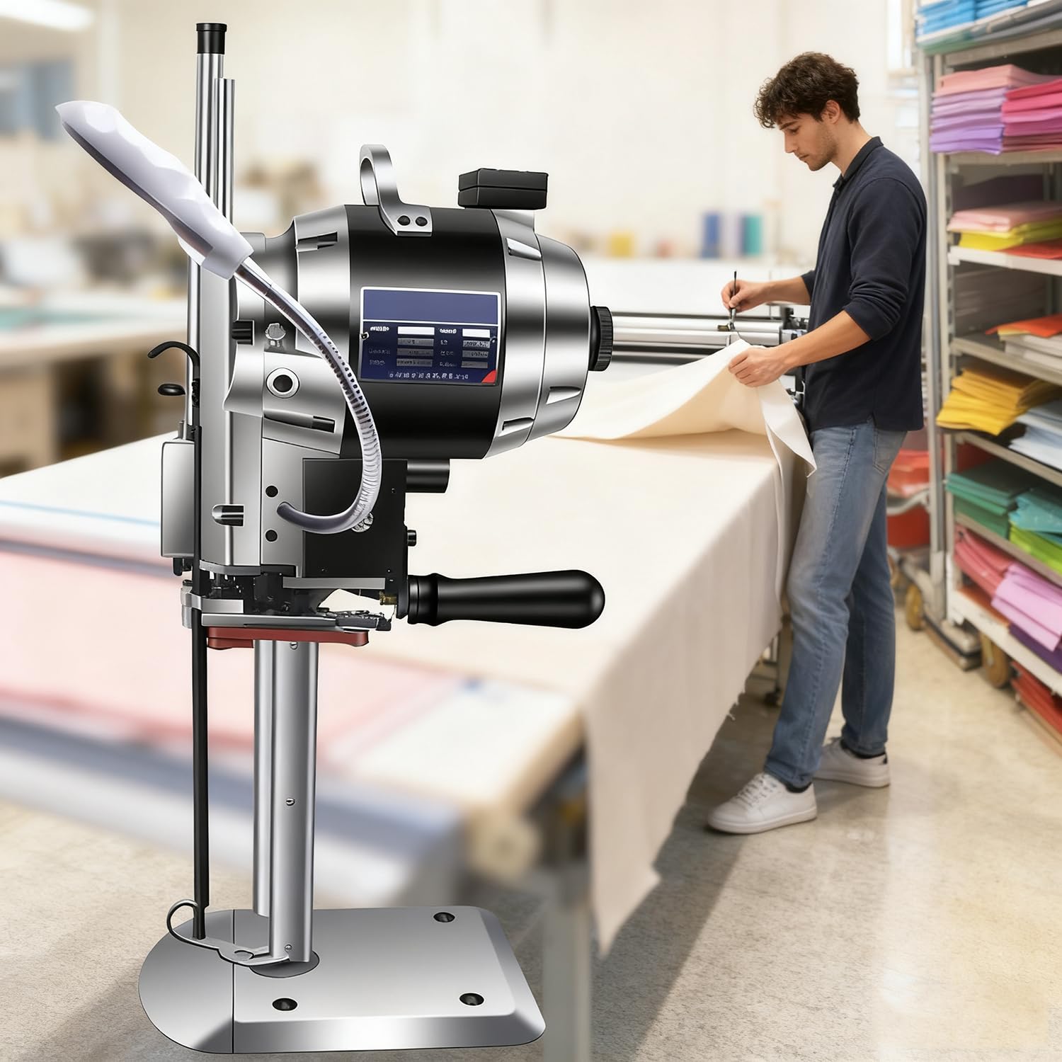 Cortadora de Tela Industrial Eléctrica Rotativa Tijeras Eléctricas para Tejidos para Corte de Tela/Piel/Caucho/Alfombra/Cartón con Cuchilla Repuesto y Luz De Trabajo LED 6"
