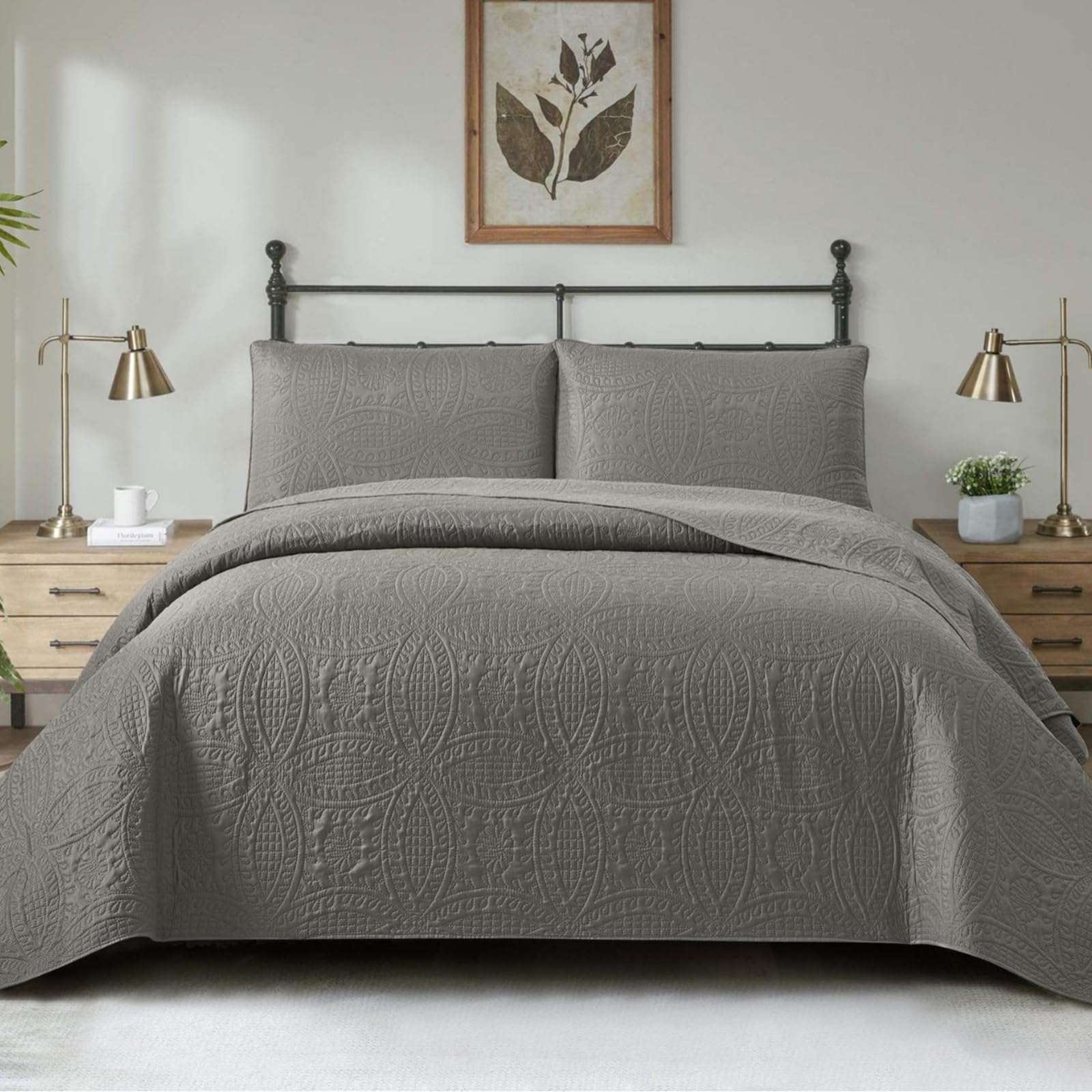 E-yimeng Quilted Bedspread Embossed Pattern Comforter Bedding Set Reversible Lightweight Soft Microfiber Coverless Quilt Coverlet for All Seasons Light Gray 220x240cm