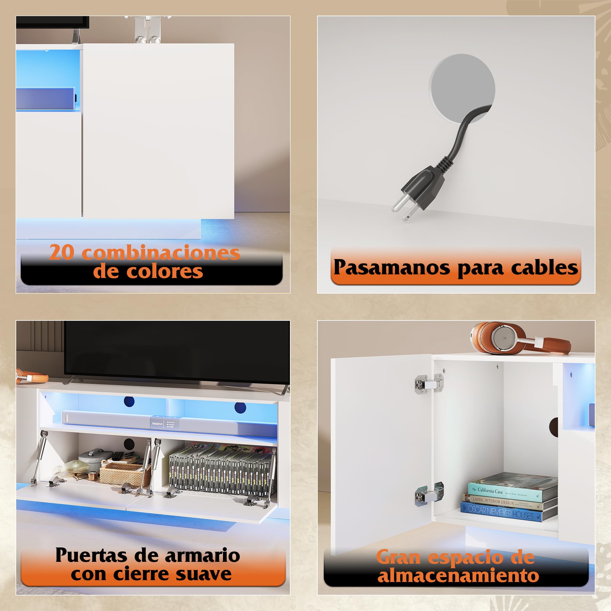 WLIVE Mueble de TV LED para televisores de hasta 75 Pulgadas, con Gran Espacio de Almacenamiento, Mesa de TV con iluminación LED RGB, para Sala de Estar, Dormitorio, Blanco