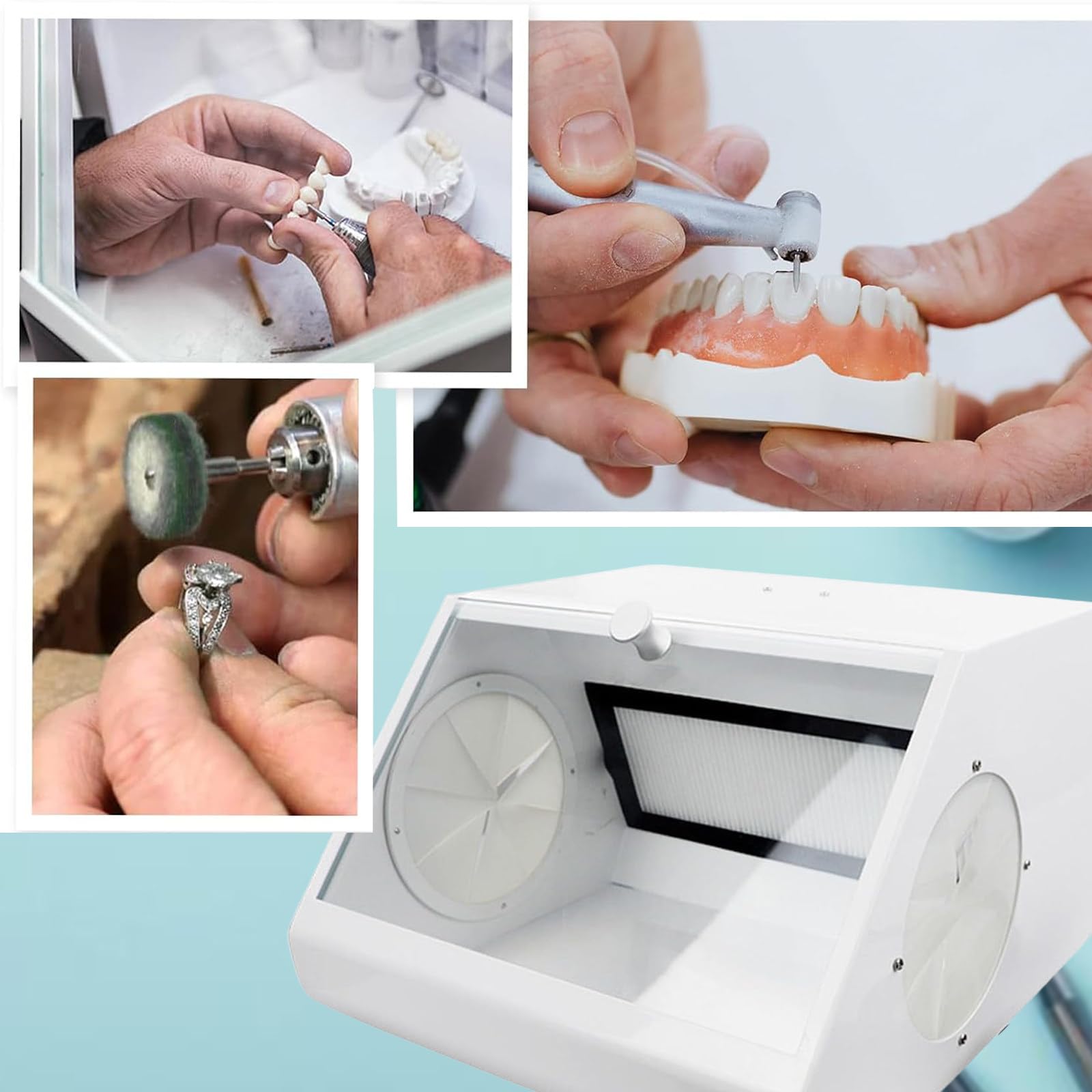 Zahnpolier- Und Schleifbox, Sandstrahl- Und Staubdichte Box, Mit LED-Lichtquelle & 2 Filtern, Hochtransparentes Sichtfenster, Reduziert Staubschäden für Anwender
