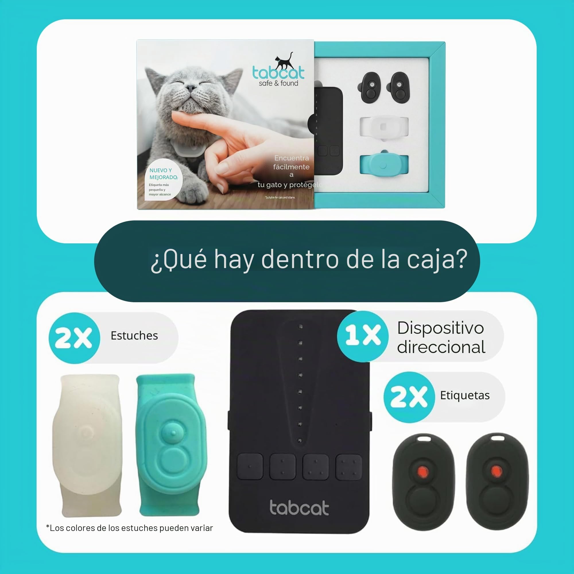 Tabcat V2 Localizador para Gatos - Más Preciso Que el GPS - Sin Suscripción Mensual - 2 Dispositivos de rastreo y 2 Fundas Protectoras - para Gatos de Interior/Exterior - Pequeños y Ligeros
