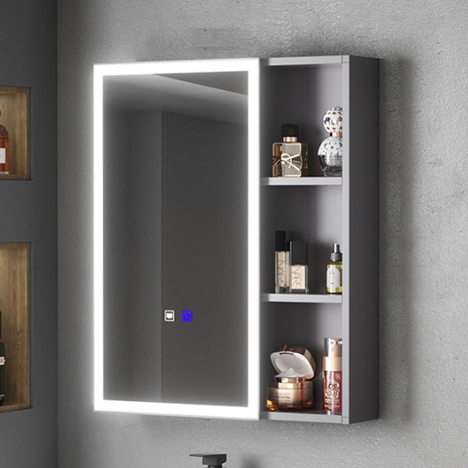 Espejo con almacenaje de maquillaje,Aluminio armario de baño con espejo y luz,armario espejo baño con Espejo Antivaho,espejo de pared con almacenaje Alta capacidad,Espejo de belleza hacia atrás(Color:
