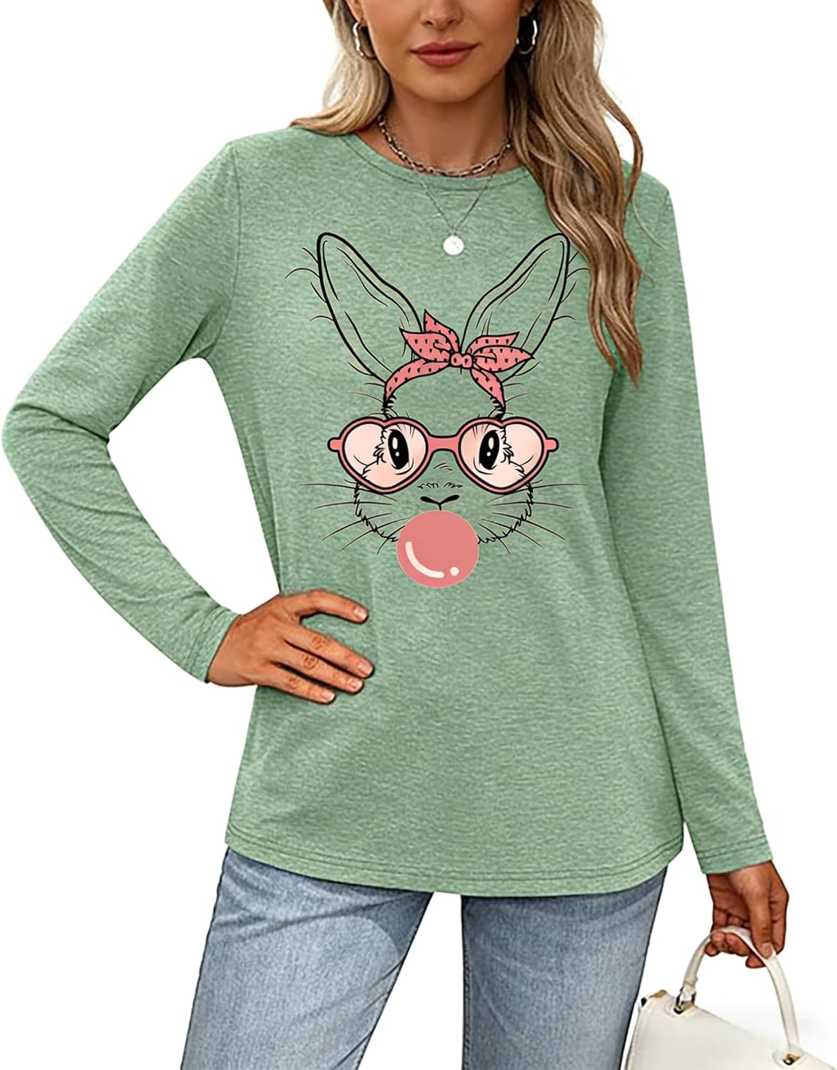 Easter Day T Shirts for Women-Bunny Shirt Cute Rabbit Graphic Tees Long Sleeve Holiday Tops - Image 6