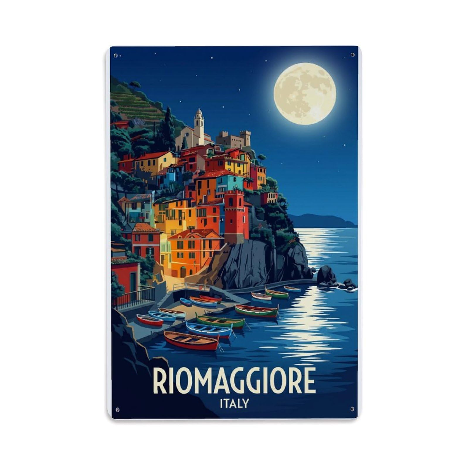 Huiyhb 8X12inch(20X30cm) Vintage Travel Riomaggiore Italy Moonlight Metal Tin Sign