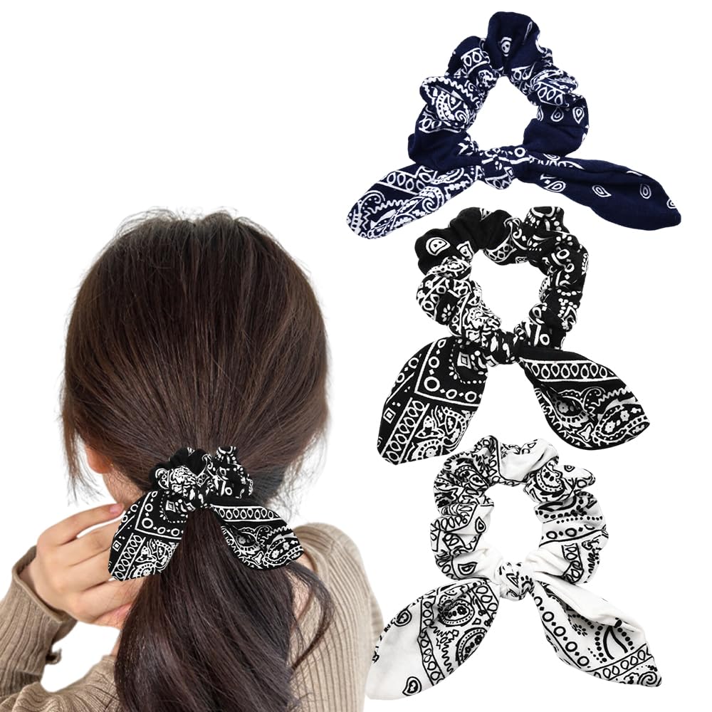 Scrunchy Hair Ties Bandana Hair Bow Ribbons for Women Bunny Ear Scrunchies for Women Girls 3Pcs Paisley Ponytail Holders