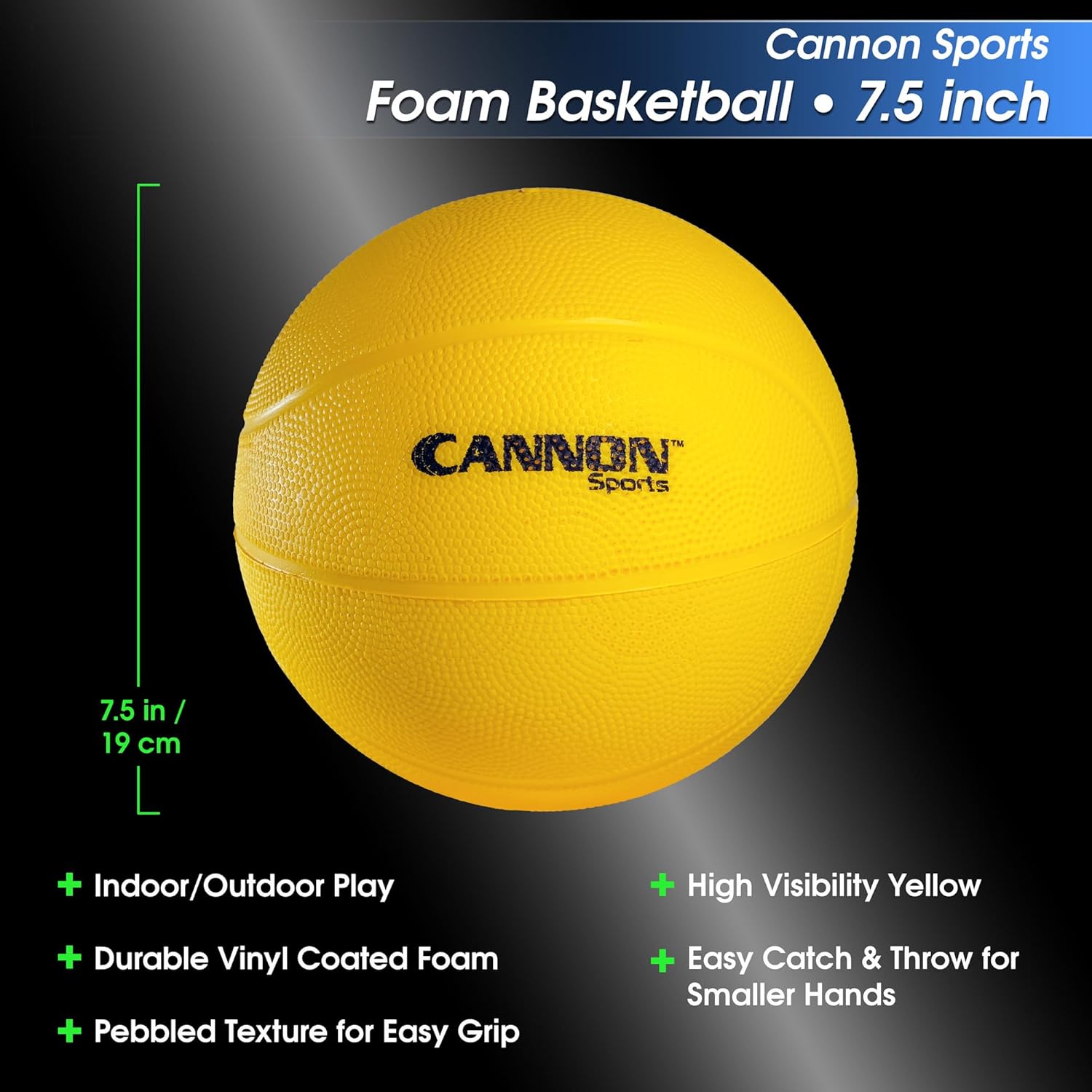 Cannon Sports Yellow Foam Basketball - 7.5-inch Diameter Medium Bounce - Perfect for Training & Casual Games - Soft, Safe for Indoor/Outdoor Play