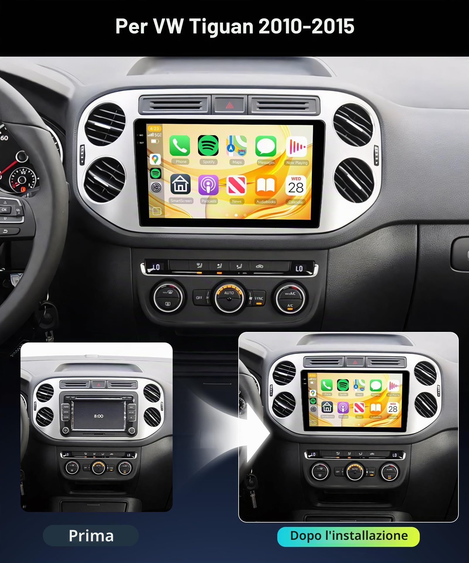 4G+64G Rimoody Android Autoradio per VW Tiguan 2010-2015 9" Schermo IN-CELL Stereo Auto con Wireless Carplay Android Auto Navi GPS Mirror Link Bluetooth WiFi/FM/RDS/EQ/SWC/USB Telecamera Posteriore