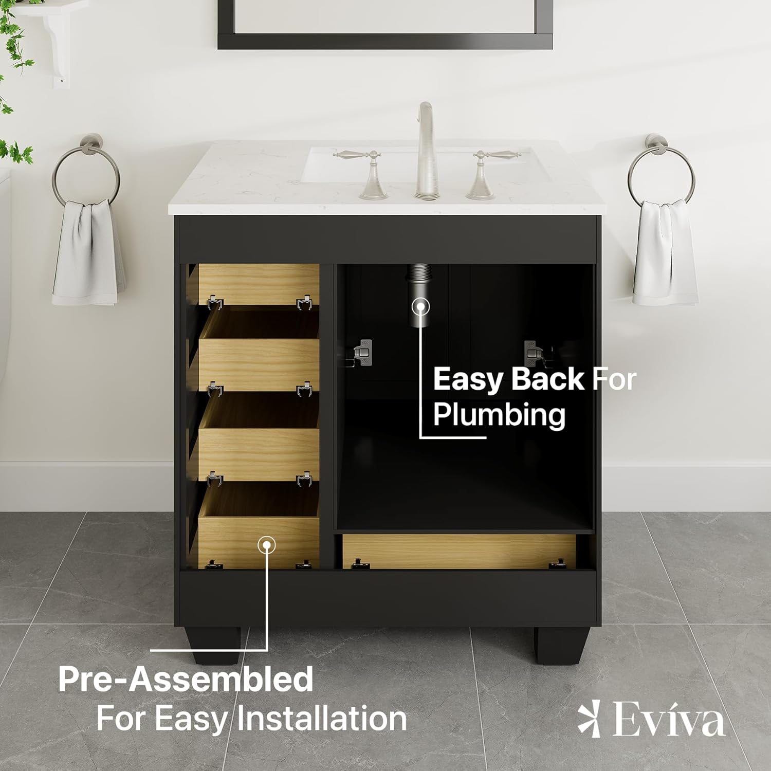 Eviva Acclaim 30 in. Espresso Single Sink Bath Vanity with Carrara Quartz Top and Undermount Porcelain Sink
