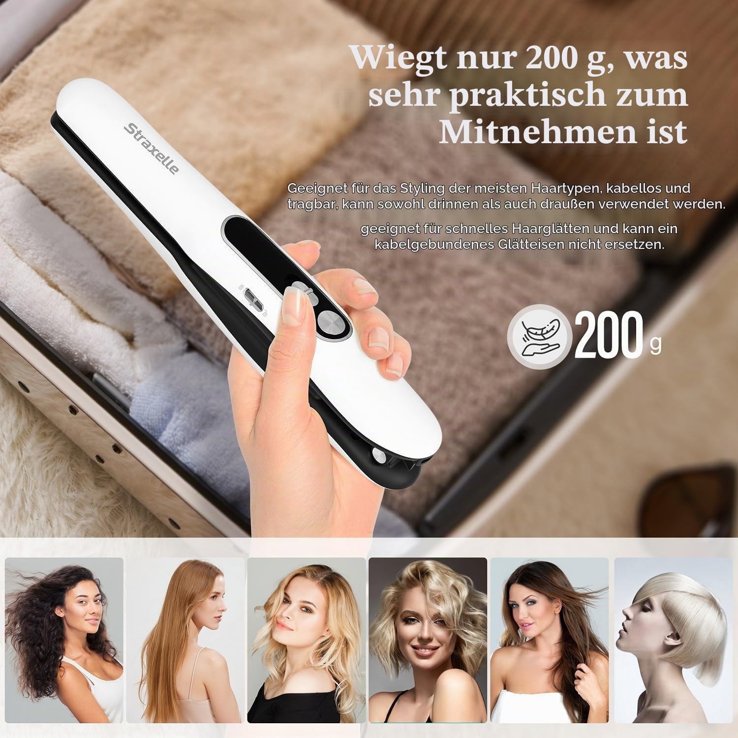 Mini Glätteisen Kabellos mit 5000mAh, 2 in 1 Glätteisen Locken und Glätten, 175°C-215°C 3 Einstellbare Temperaturen Reiseglätteisen mit LED Anzeige für alle Haartypen (Weiß)