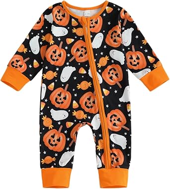 Newborn Baby Girl Boy Halloween Outfit Long Sleeve Pumpkin/Ghost Romper Zipper Bodysuit Jumpsuit Fall Clothes