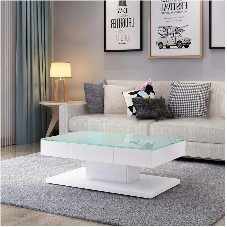 Shinawood White High Gloss Coffee Table/Tea Table/Office Table/Waitting Area Table with 2 Drawers Home Decoration Modern Simple (White)