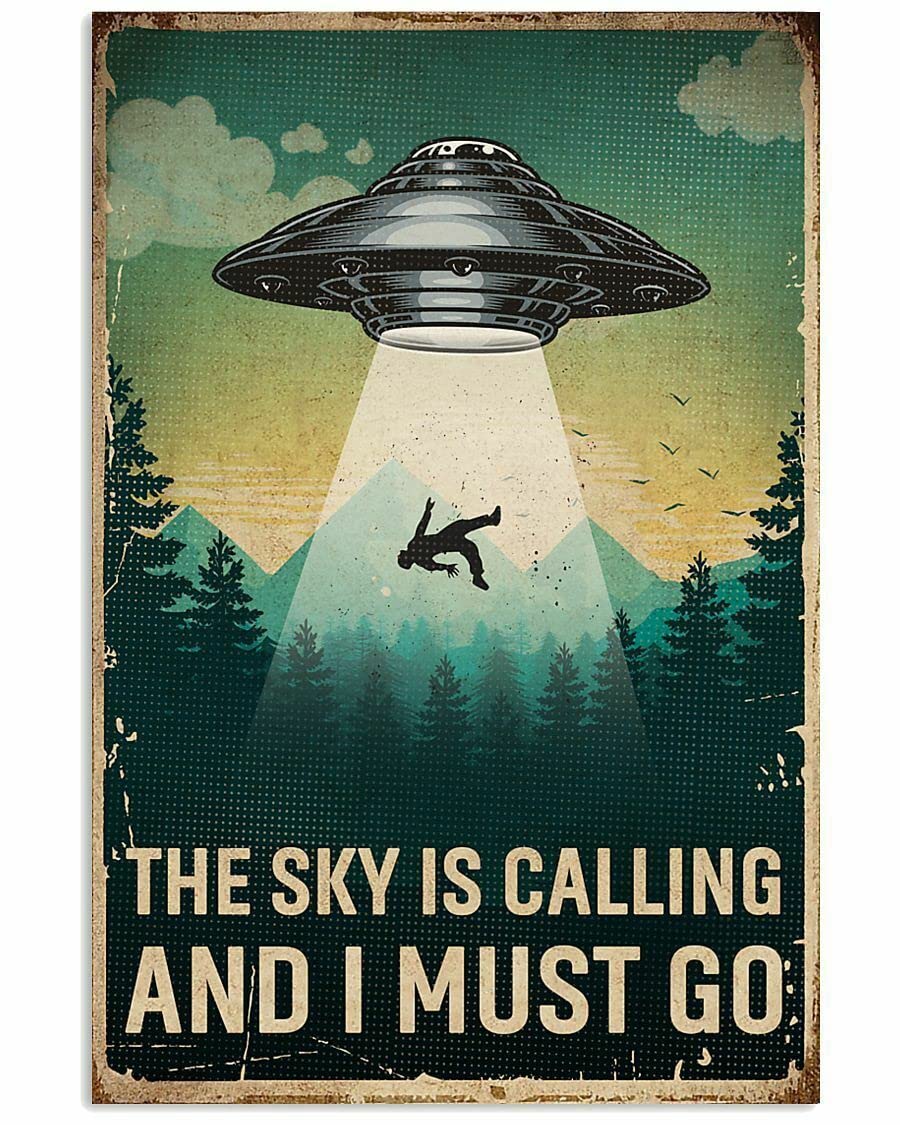 Vintage Sky Calls UFO Vertical Art Typographic Poster Tin Sign, Wall Decor, Metal Sign, Home Bar, Garage Tin Sign 5.5x8inch