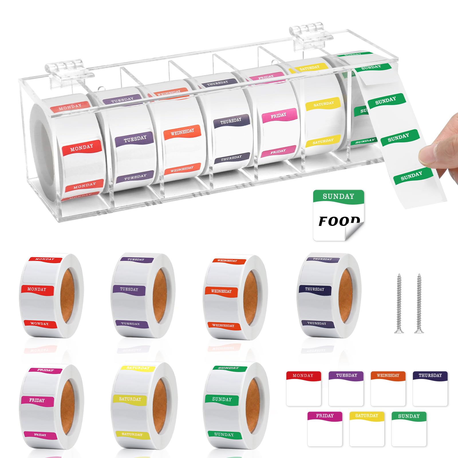3500 Pcs Day of The Week Stickers with Wall Mount Sticker Dispenser Food Date Labels Stickers Acrylic Day Dot Dispenser 1 Inch Sticker Roll Holder Expiration Date Stickers for Food Containers Kitchen