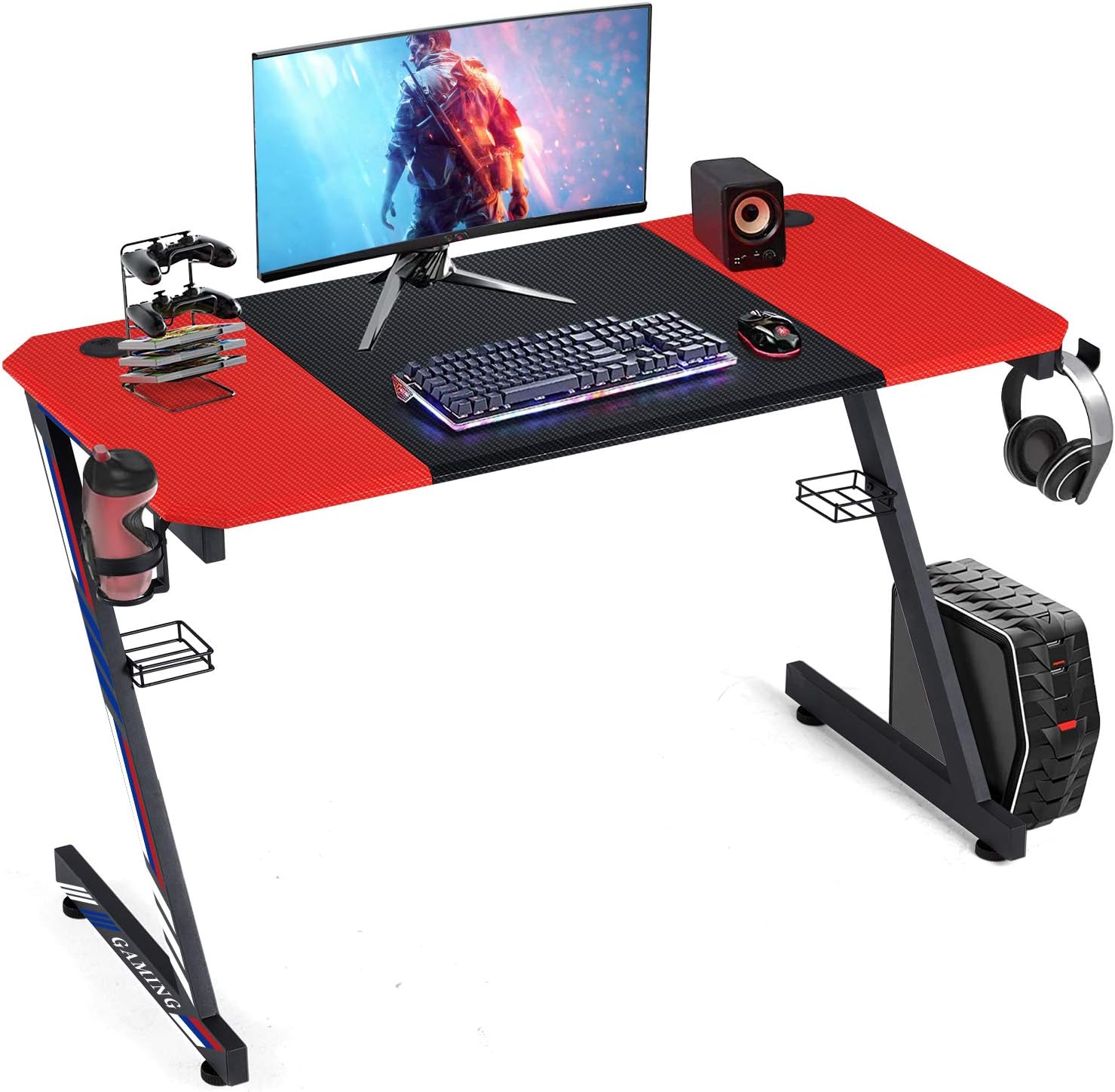 YODOLLA 47.2" Gaming Desk Home Office Computer Table, Gamer Workstation with Cup Holder, Headphone Hook & 2 Cable Management Holes, Blue