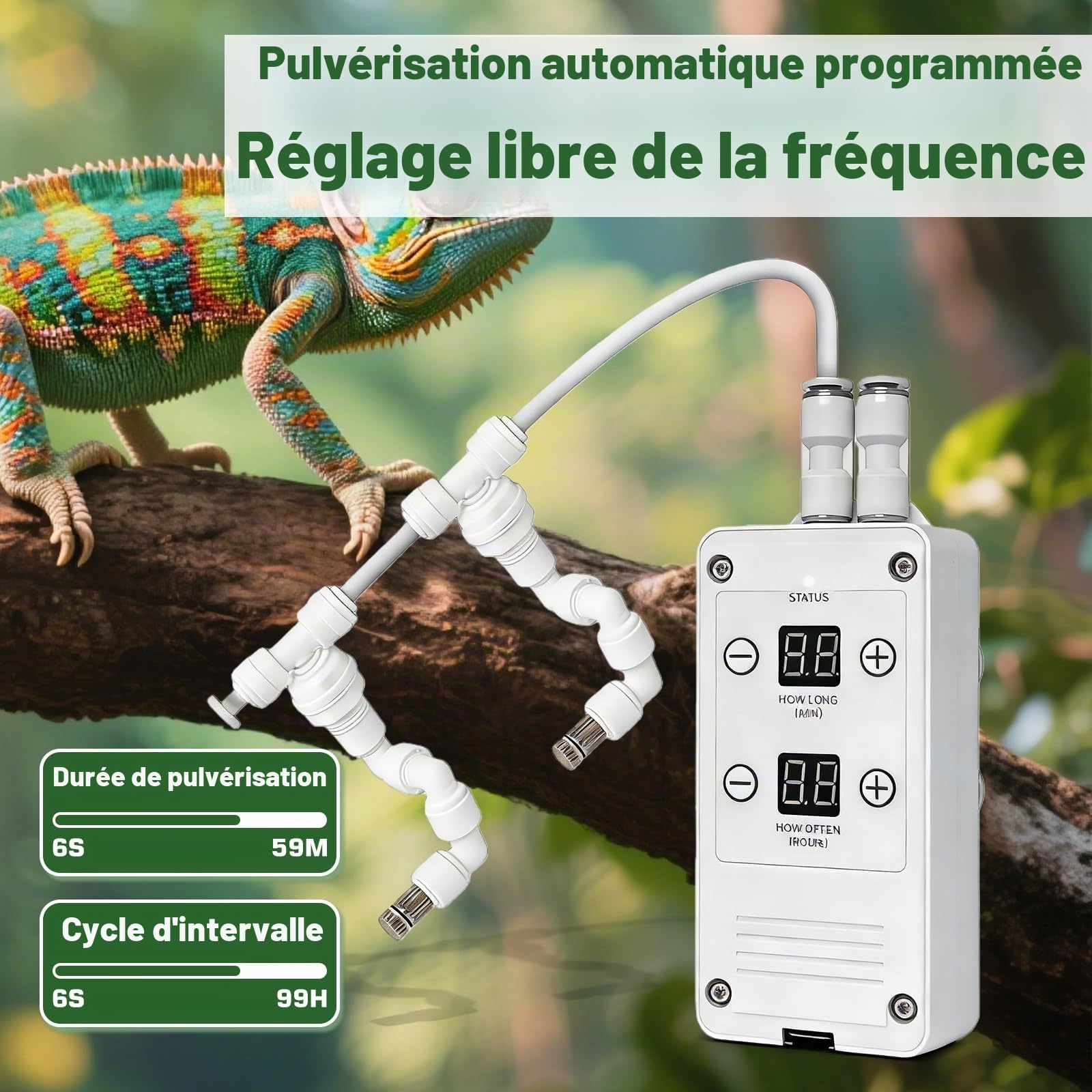 Système d'arrosage intelligent pour terrarium - Système intelligent de brume pour reptiles - Avec buses de pulvérisation à 360 ° - Minuterie - Humidificateur pour reptiles - Vaporisateur automatique