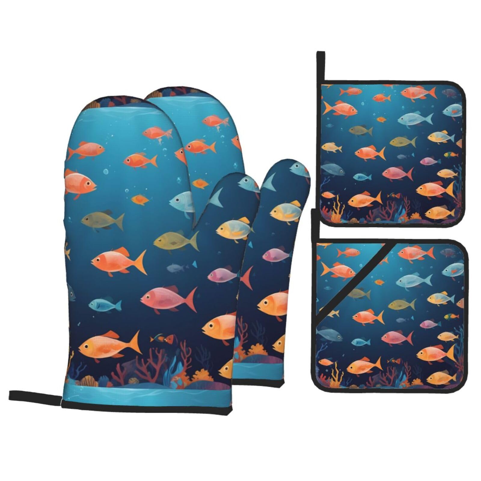 HJFCZH Ocean Underwater Fish Prints 4-Piece Oven Mitt & Pot Holder Set - Insulated, Thick & Durable for Kitchen Baking, Microwave, Oven, Outdoor BBQ