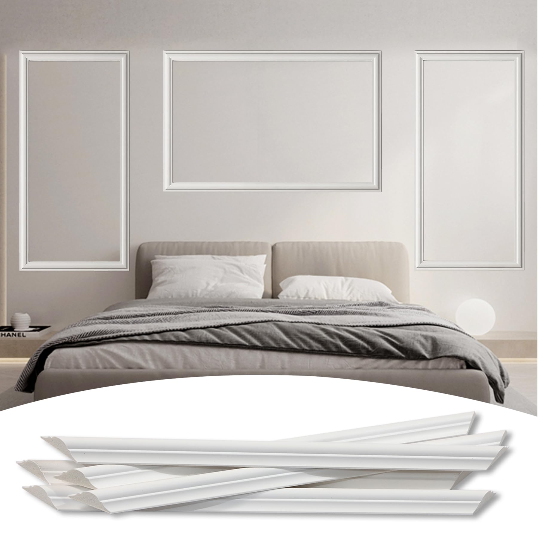 Lunghaa Bedroom Premade Accent Wall Molding Kit, Ready-to-Assemble Wainscoting Panels, Pre-Cut Chair Rail Moulding Trim for Living Room Home Décor