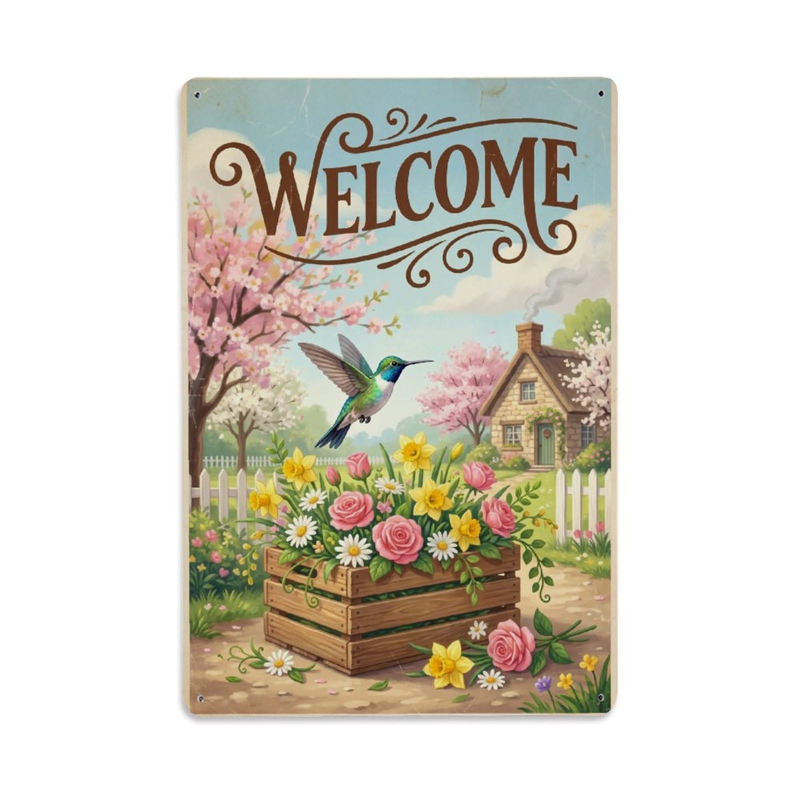 Cxhjca 8X12inch(20X30cm) Vintage Welcome Hummingbird Blooming Season Metal Tin Sign