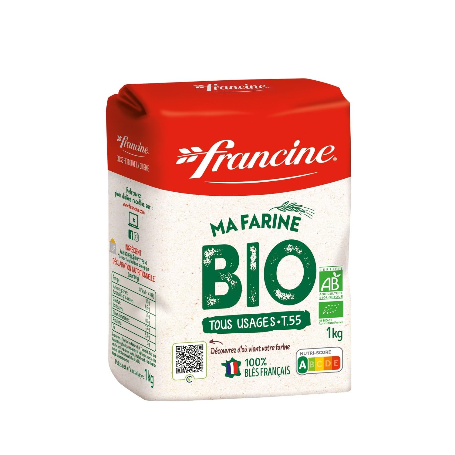 FRANCINE – Farine de Blé T55 Bio, Idéale pour Pains et Pâtisseries Maison, Paquet 1 kg - Le Lot De 4