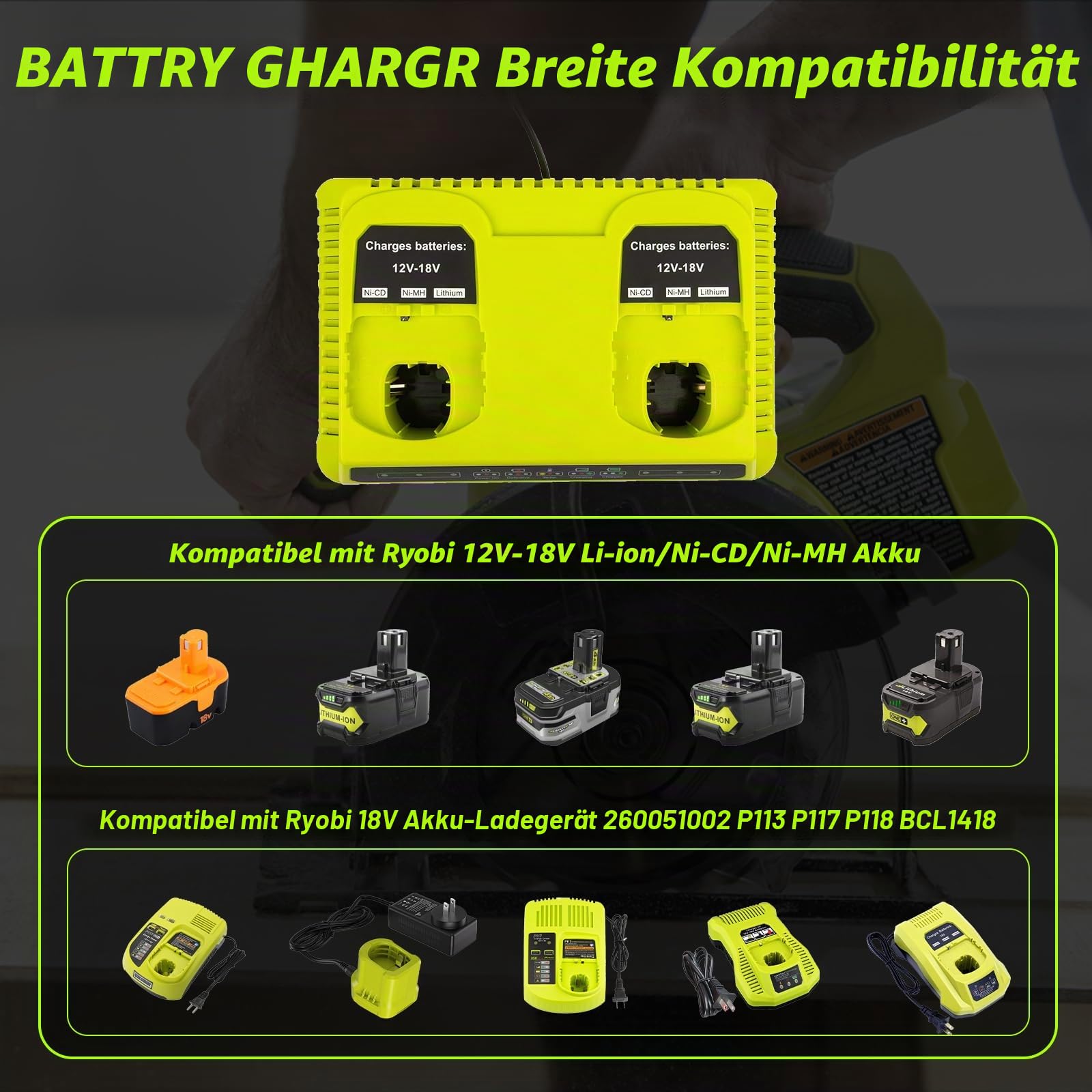 BATTOOL Ersatzakku für Ryobi Akku 18V One+: 2X 5500mAh P108 Akku und 1x Dual Port Ladegerät Kompatibel mit Ryobi P108 RB18L50 RB18L40 P189 P102 P107 RB18L25 RB18L20 RB18L13 RB18L15