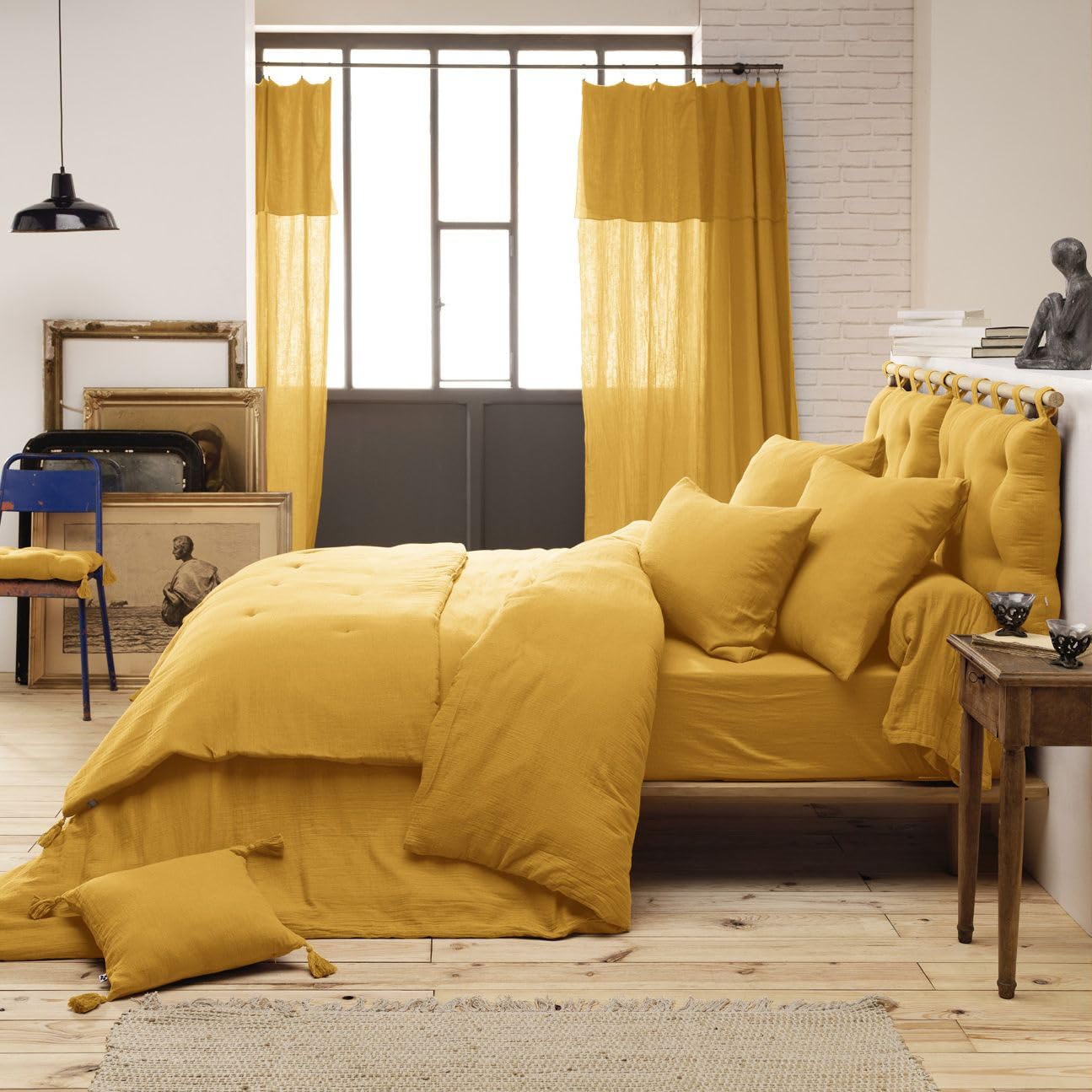 Edredon Dessus de lit L’Effet Papillon 90x200 cm – Copriletto 100% Gaze di Cotone con Finitura a Nappe [ Dessus de Lits et Couvre-Lits ] (Giallo Zafferano)