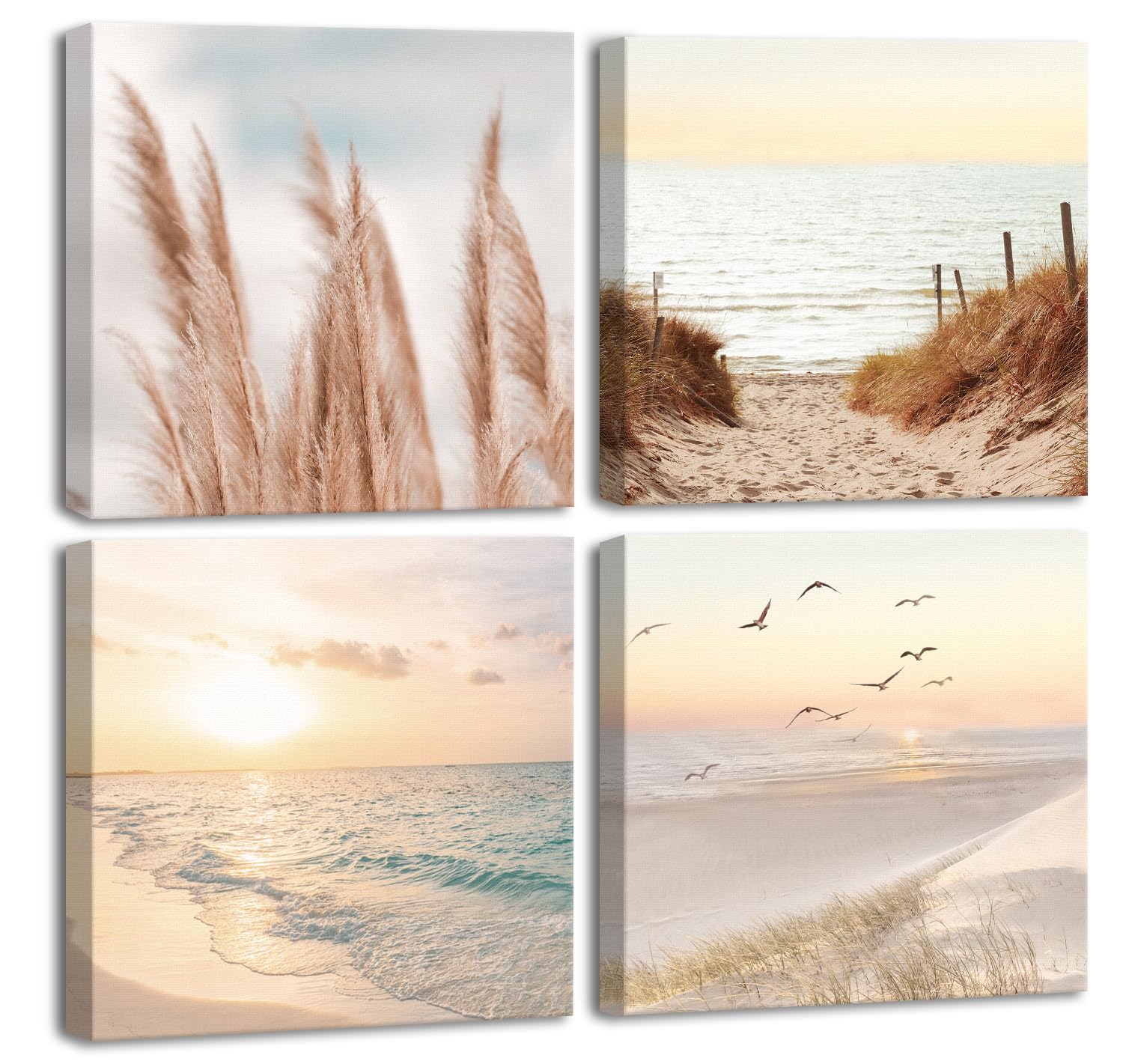 CHDITB 4pcs（40 * 40CM） Beach Wall Art Framed,Coastal Scenery Sunset Canvas Pictures,Beige Seascape Poster,Ocean Seagull Reed Canvas Paintings,Landscape Artworks for Bedroom Bathroom Living Room Decor