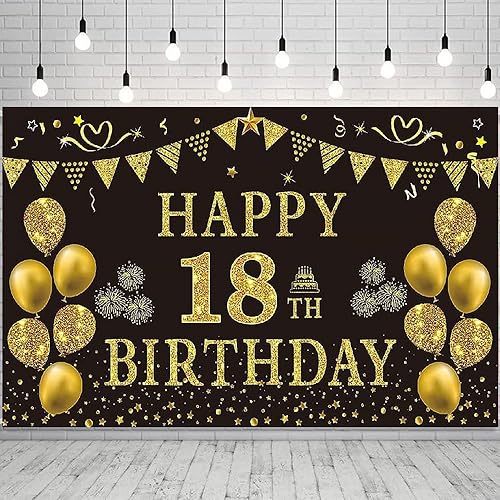 Cartel de fondo de feliz cumpleaños 18 para decoración de cumpleaños de 18 años, póster negro y dorado para fiesta de cumpleaños de niños y hombres