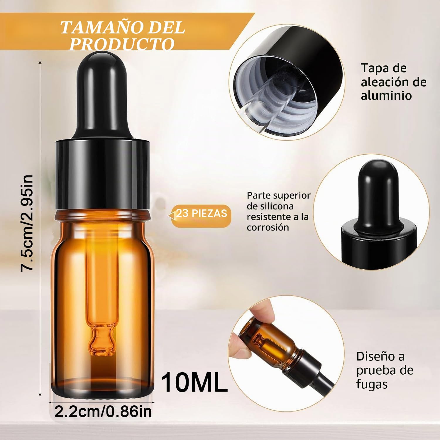 Frasco Cuentagotas Cristal 10ml Ambar 23pcs 7,5x2,2cm para Aceites Esenciales