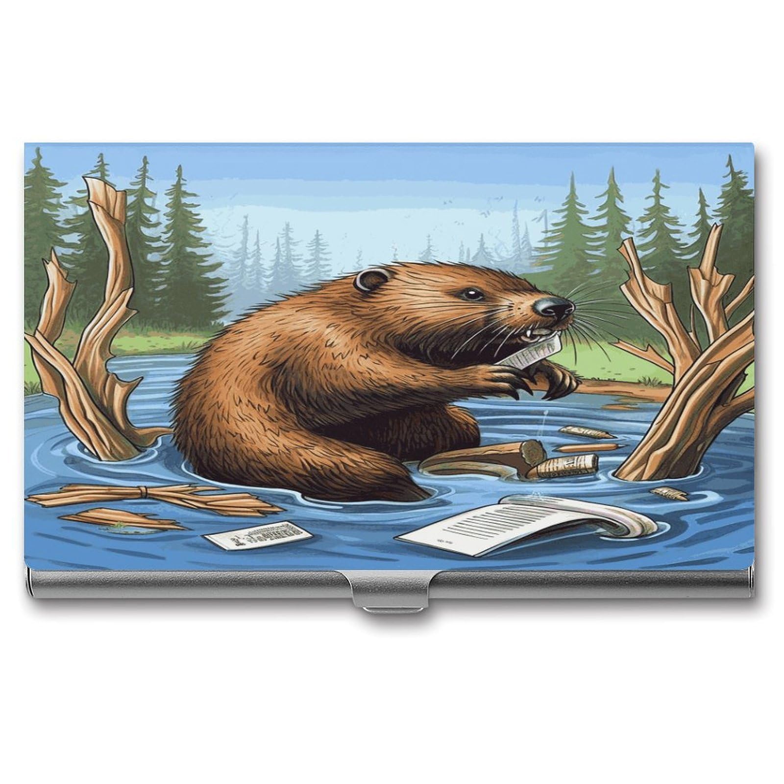 JTREHY Busy Beaver Cartoon Business Card Holder Slim Purse Name Card Holder Portable Metal Business Card Case Wallet Large Capacity Lightweight Business Card Case for Men Women