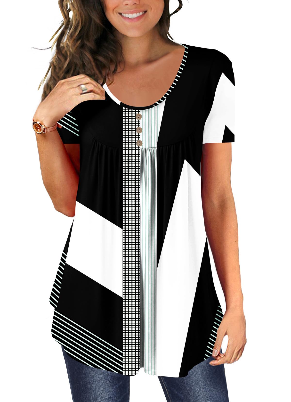 BeadChica Women's Tunic Tops For Leggings Short Sleeve Shirts Botton Up Casual Ruched Blouses Clothing
