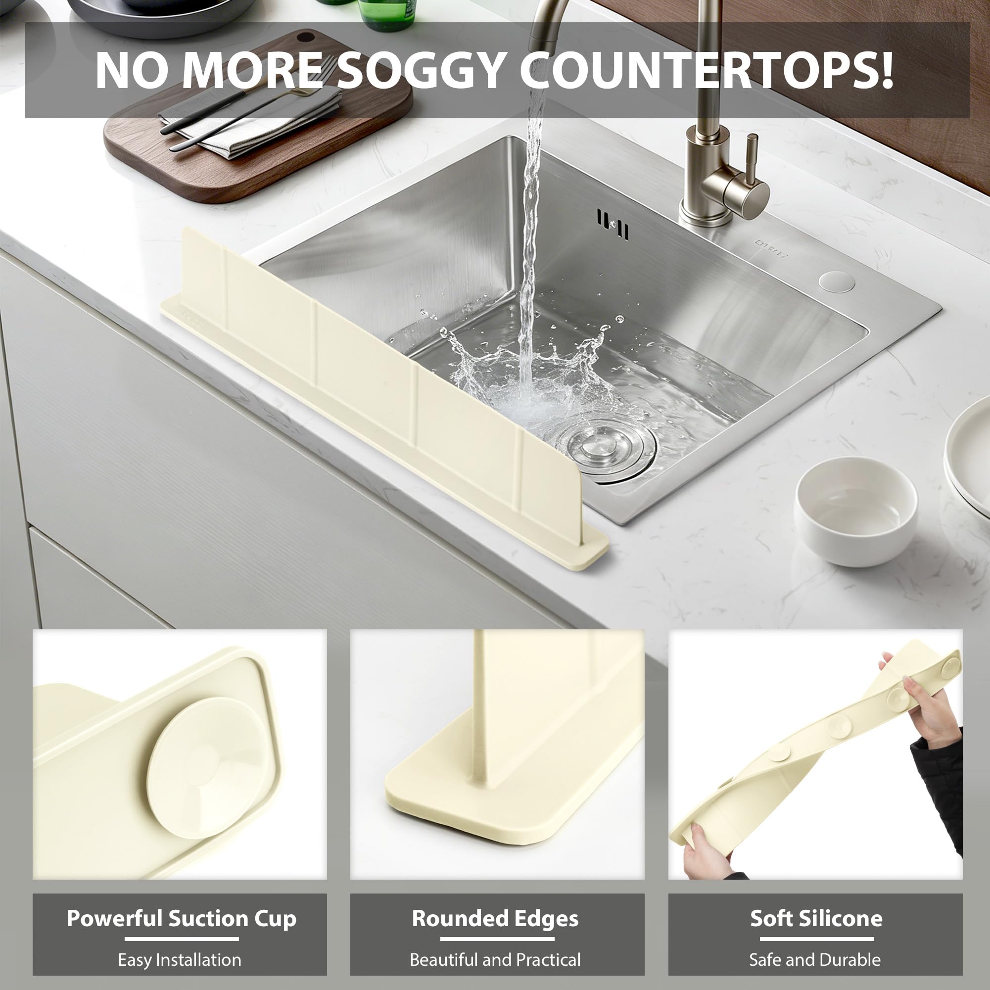 52 x 4,5 x 7 cm Protector contra Salpicaduras Cocina Silicona, Antisalpicaduras Fregadero con Ventosas Fuertes, Alfombrilla Fregadero, Ideal para Cocina y Baño (Blanco Roto) — view 3