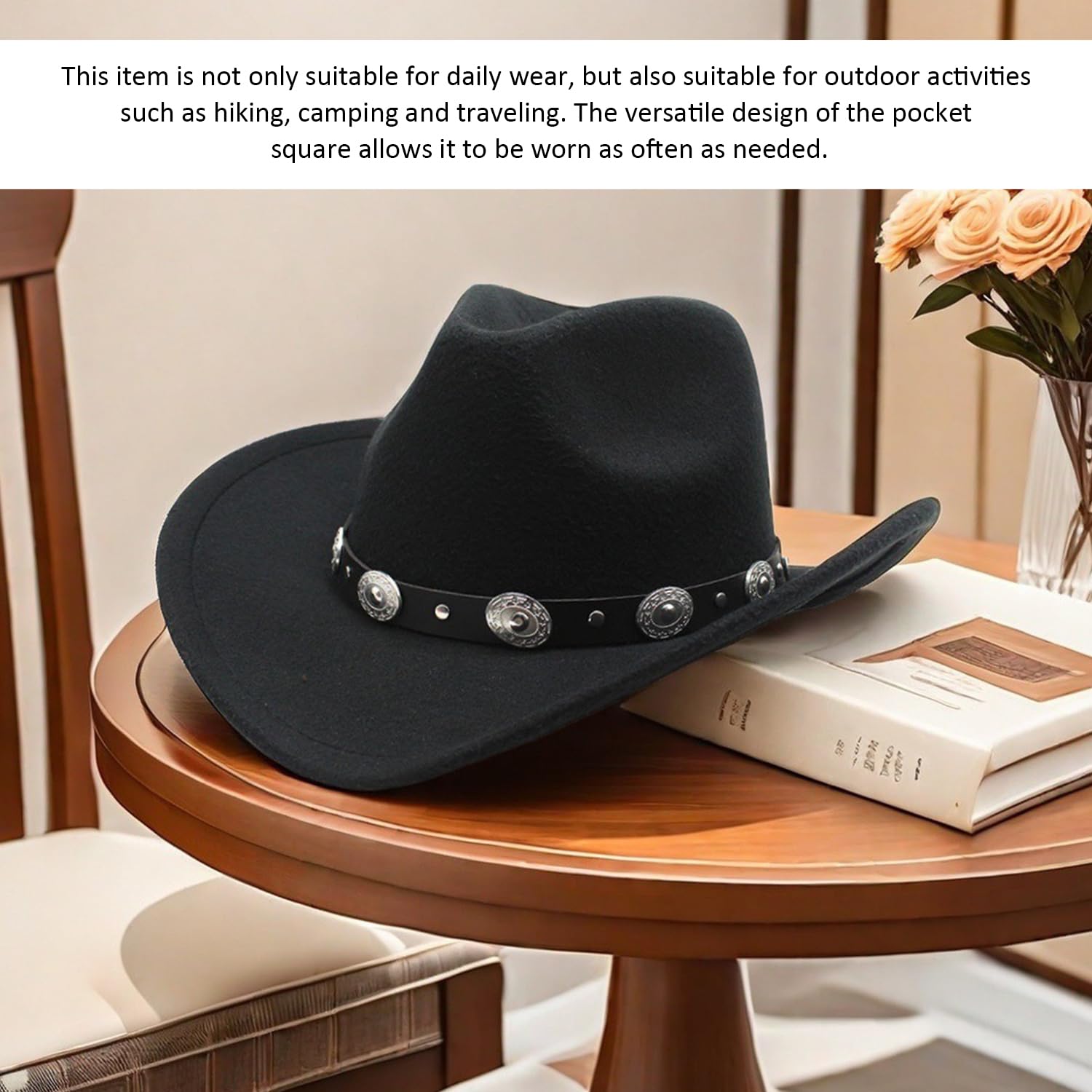 1 Chapeau De Cowboy En Feutre À Large Bord Et 1 Écharpe Carrée Multifonctionnelle, Chapeaux Rétro, Accessoires Vestimentaires, Chapeaux Simples À La Mode