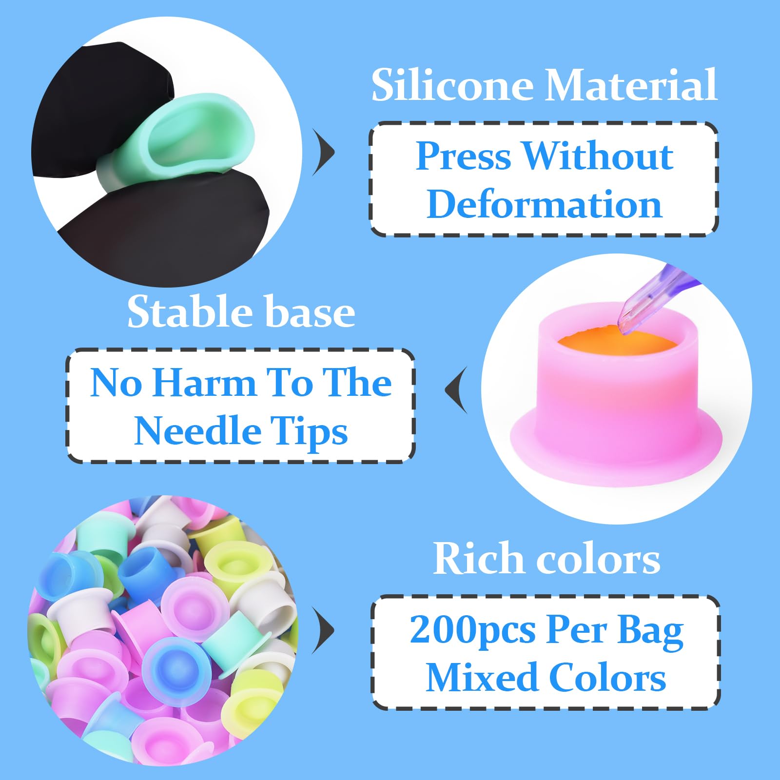 ATOMUS Tattoo Ink Cup 200pcs Disposable Silicone Tattoo Pigment Cup Round Shape Eyebrow Eyeliner Lip Color Pigment Cup Mixed Color Tattoo Pigment Holder