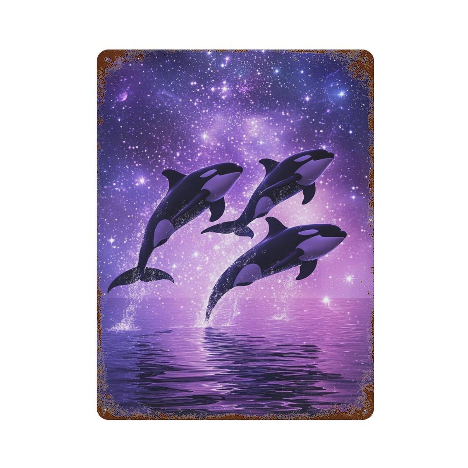 Whales Jumping in Starry Sky Rustic Tin Plaque 15.7"x11.8", Vintage Wall Decor for Garage, Pub Or Kitchen