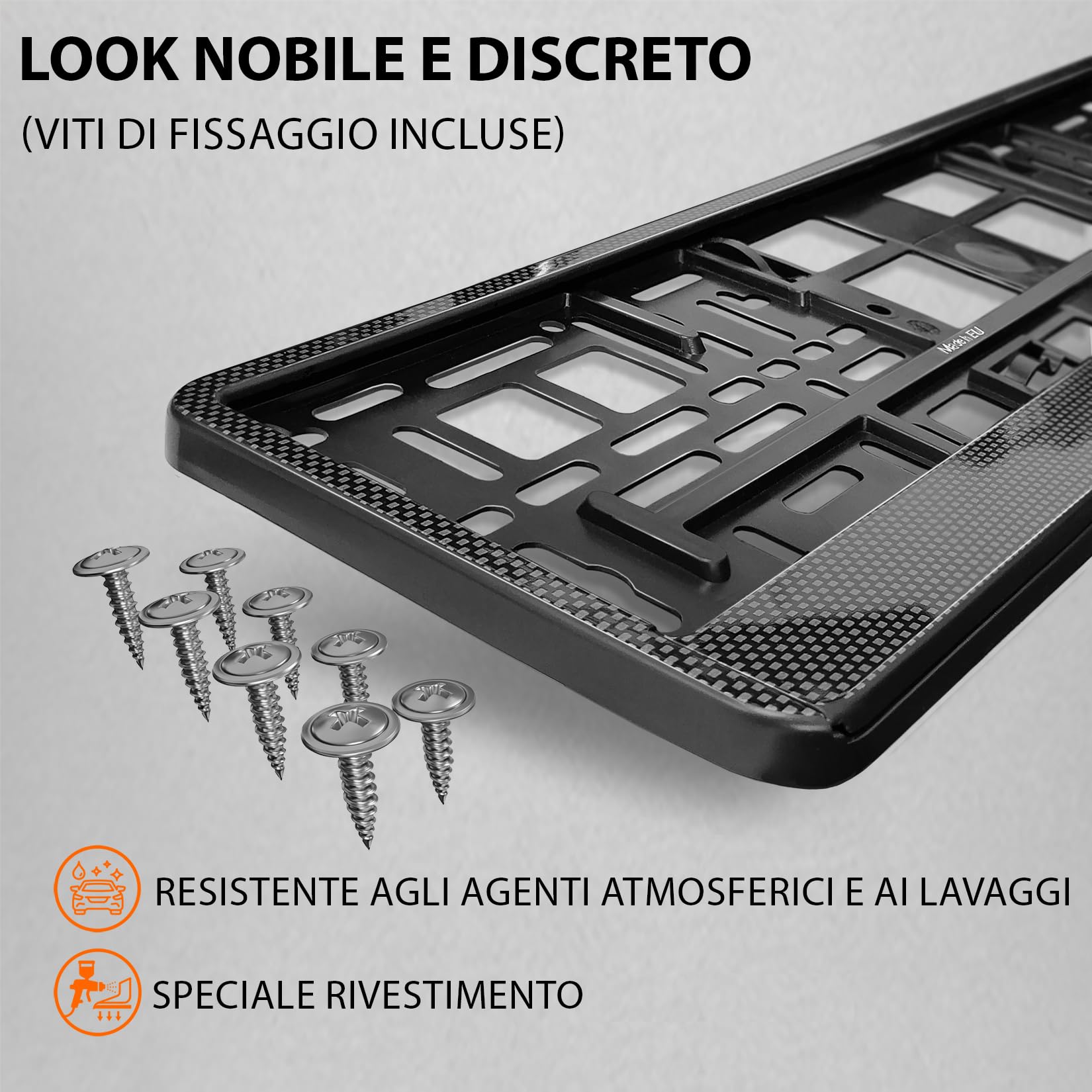 Portatarga Auto - Supporto Targa - [semplice, durevole e sicuro] - 8 viti - 520x110 mm - Carbonio effetto - Porta Targa - adatto a qualsiasi auto - per targhe italiane omologate - Fissaggio per Targa