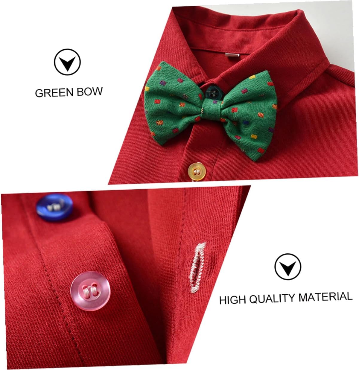 Christmas Long-sleeve Bow Tie Shirt and Red Suspender Trouser Set for Boys Height 100cm Festival Clothing Suit