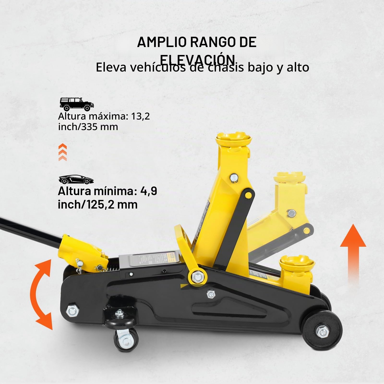 VEVOR Gato Hidráulico de Piso de Perfil bajo de 2000 kg, Hierro Resistente, para Automóvil, Bomba de Elevación Rápida de Un Solo Pistón, Rango de Elevación 125,2 a 335 mm(Amarillo), 447 x 200 x 180 mm