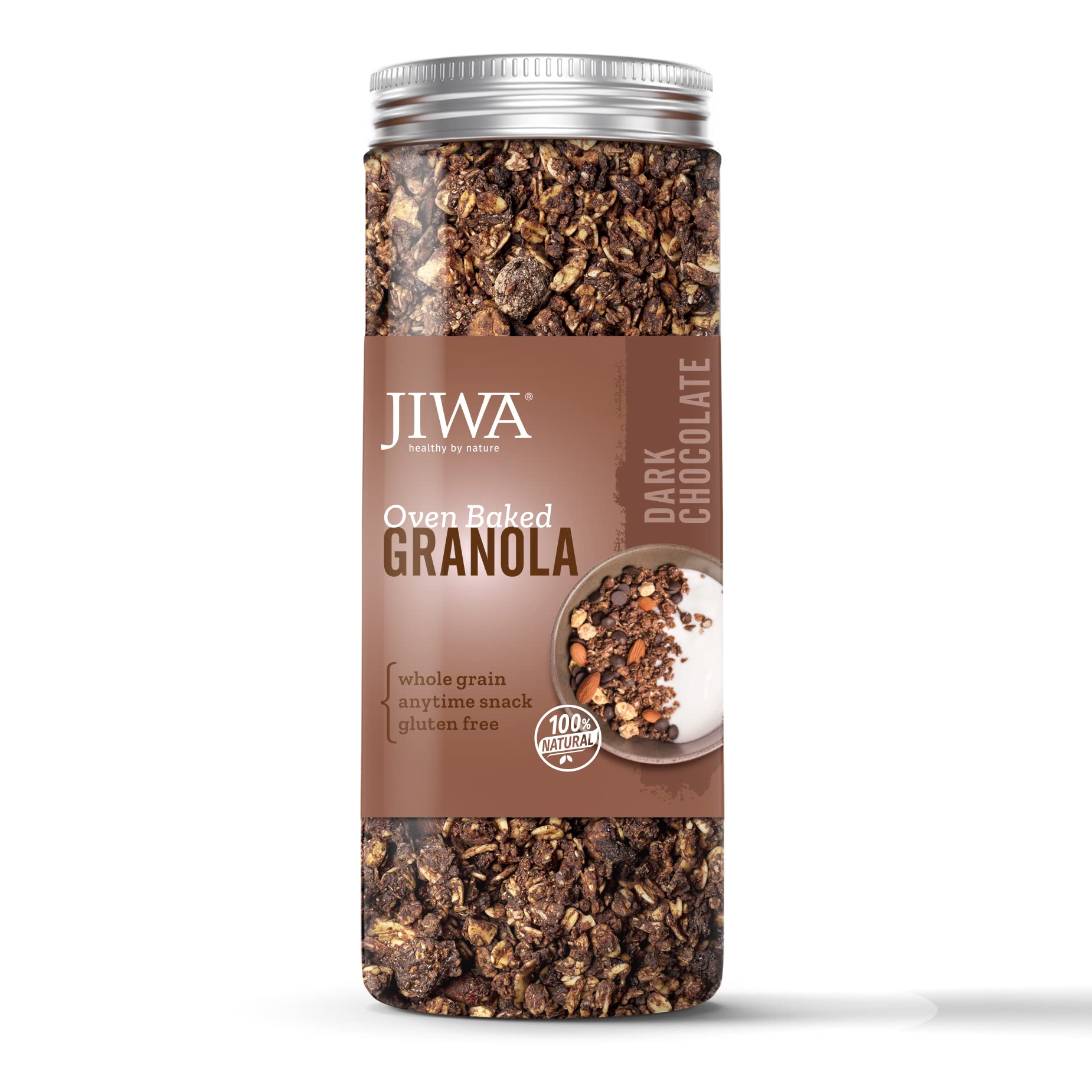 JIWA healthy by nature Oven Baked Granola | Dark Chocolate Crunch | Ready to Eat Snack | Wholegrain Breakfast Cereal| Made with Rolled Oats, Almonds, Flax Seeds and Chia Seeds | Gluten Free | 100 % Natural | 150 g